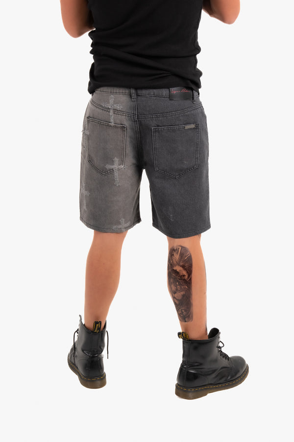 liquor & poker Distressed Cross Denim Shorts In Black Wash