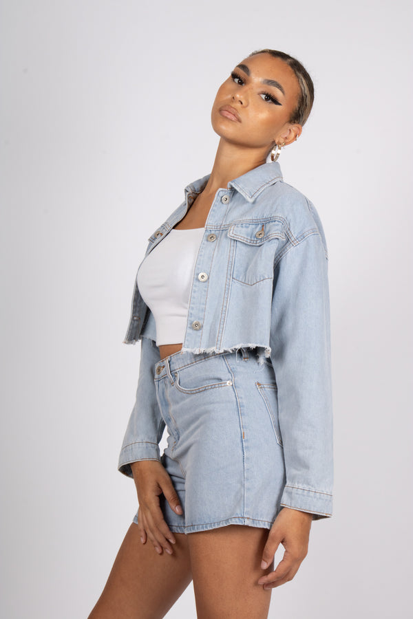 Liquor & Poker Fae Diamanté Angel Cropped Denim Jacket