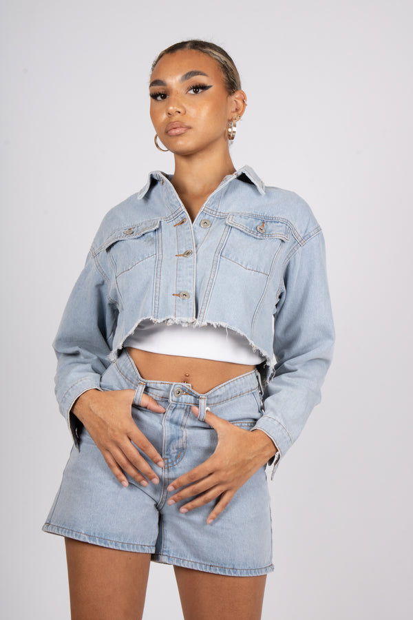 liquor & poker Fae Diamanté Angel Cropped Denim Jacket