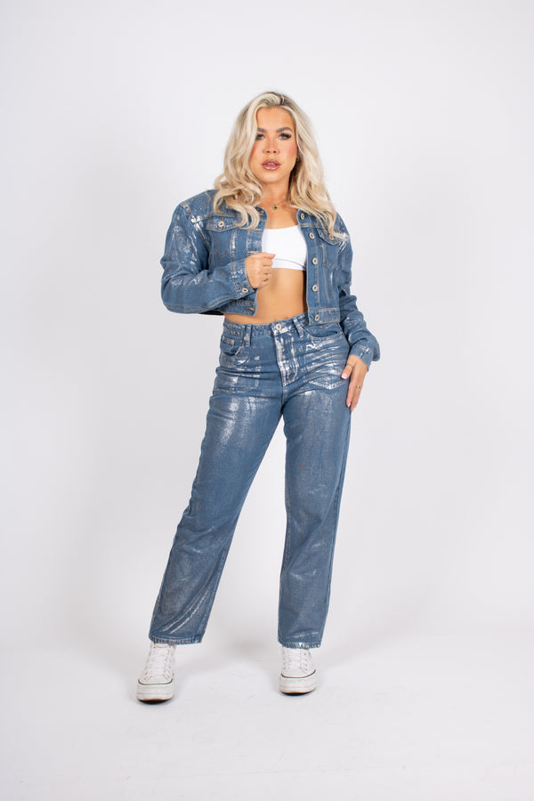 Liquor & Poker Fae Silver Metallic Straight Leg Jeans