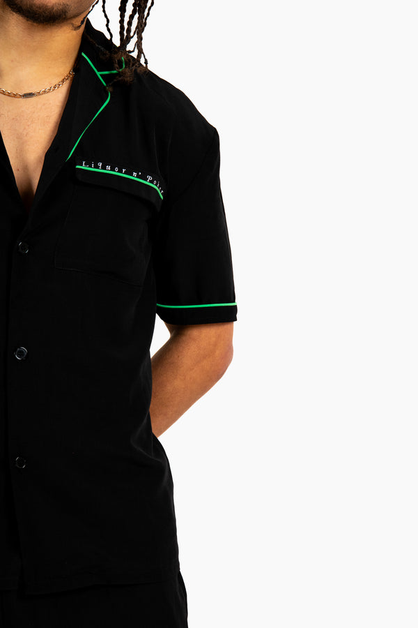 Liquor & Poker Forbidden Fruits' Back Printed Revere Collar Black Shirt