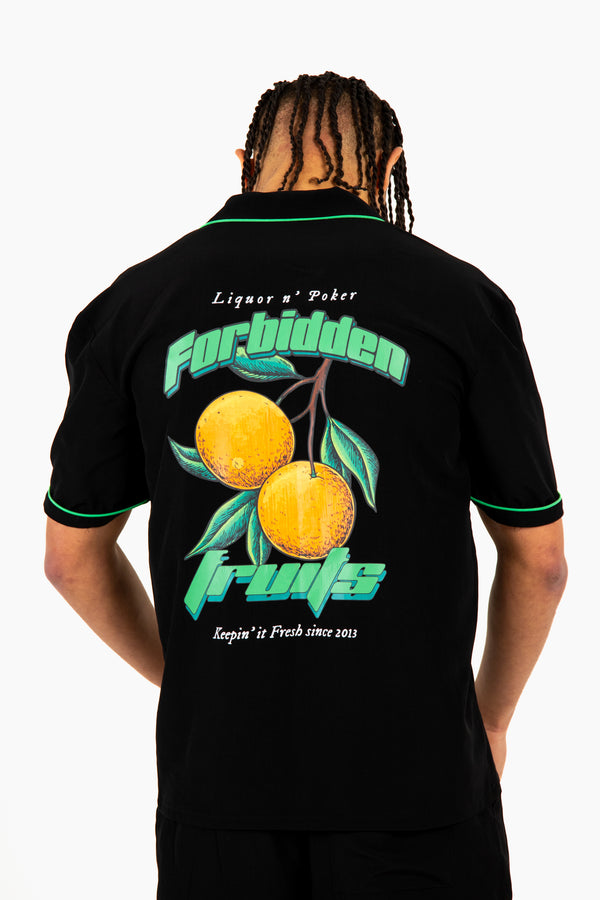 liquor & poker Forbidden Fruits' Back Printed Revere Collar Black Shirt