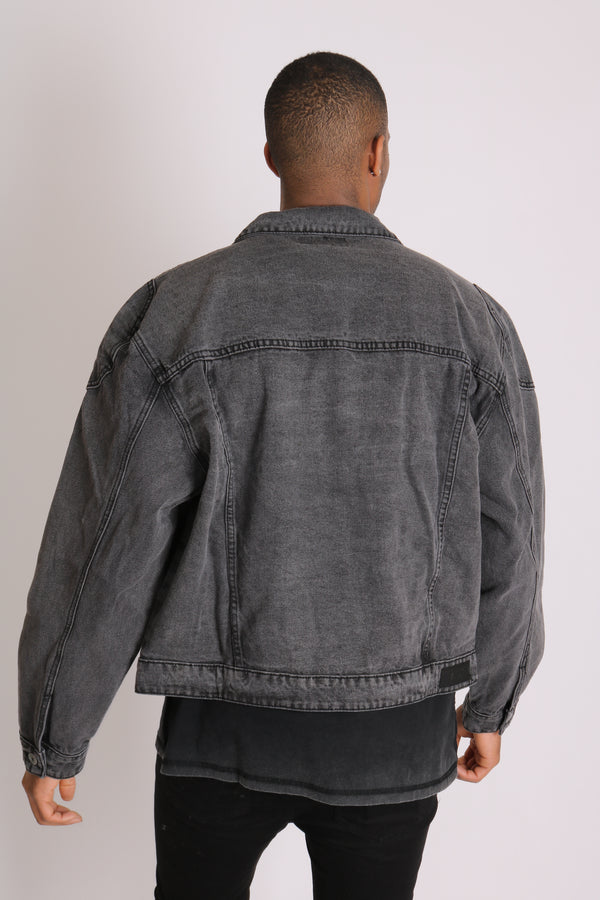 Liquor & Poker Fort Oversized Utility Pocket Denim Jacket In Washed Grey