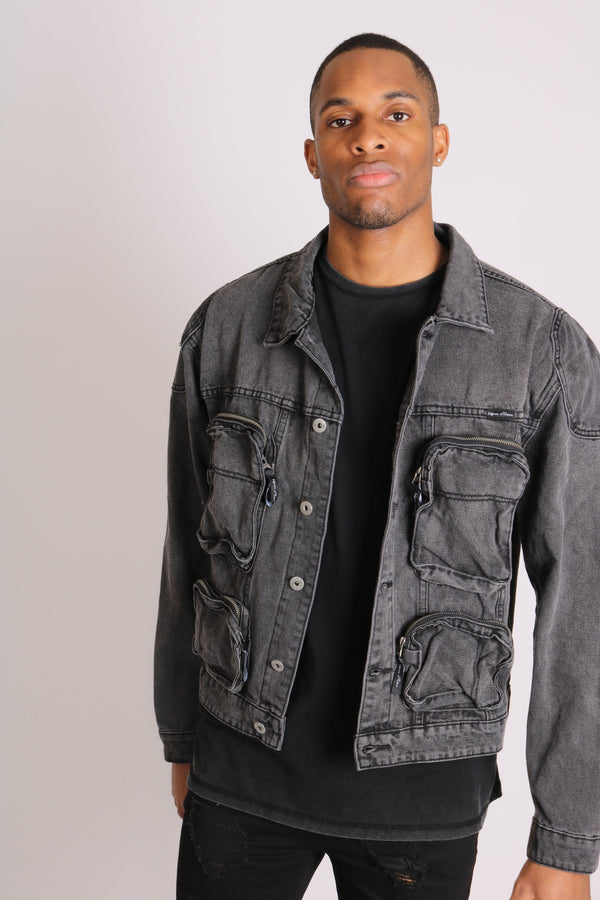 Liquor & Poker Fort Oversized Utility Pocket Denim Jacket In Washed Grey