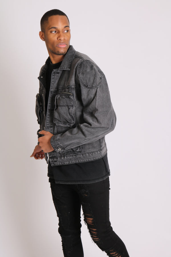 Liquor & Poker Fort Oversized Utility Pocket Denim Jacket In Washed Grey