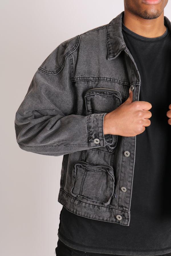 liquor & poker Fort Oversized Utility Pocket Denim Jacket In Washed Grey