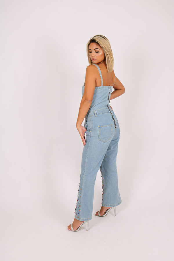 Liquor & Poker Gemstone Denim Jumpsuit With Kickflare And Gemstones