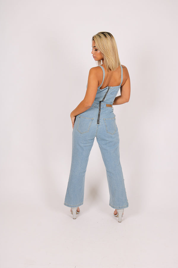 Liquor & Poker Gemstone Denim Jumpsuit With Kickflare And Gemstones