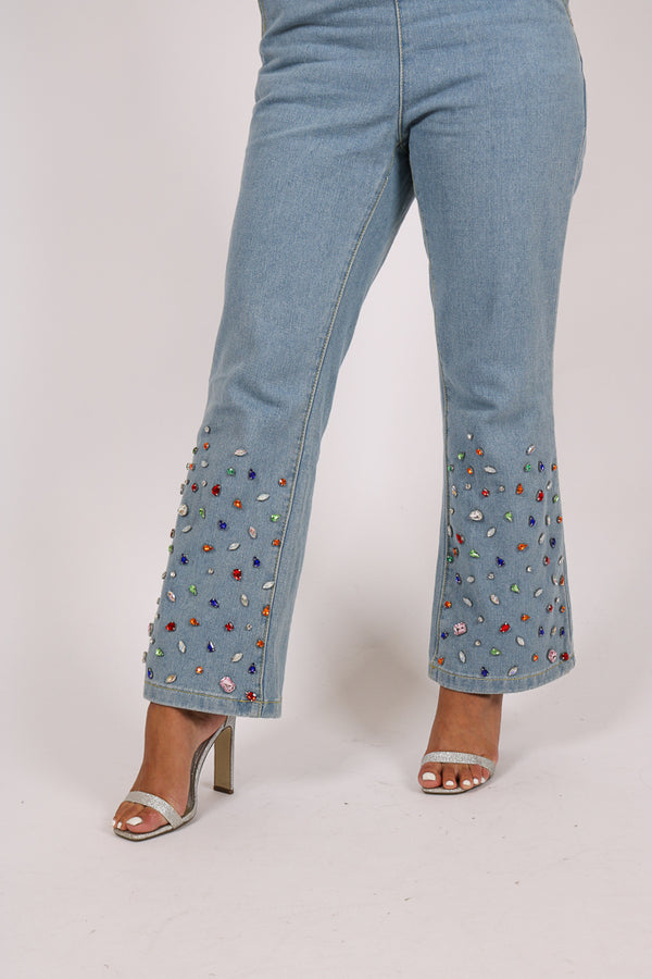 Liquor & Poker Gemstone Denim Jumpsuit With Kickflare And Gemstones