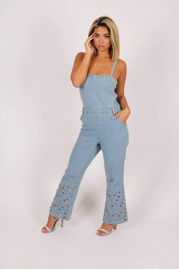 liquor & poker Gemstone Denim Jumpsuit With Kickflare And Gemstones