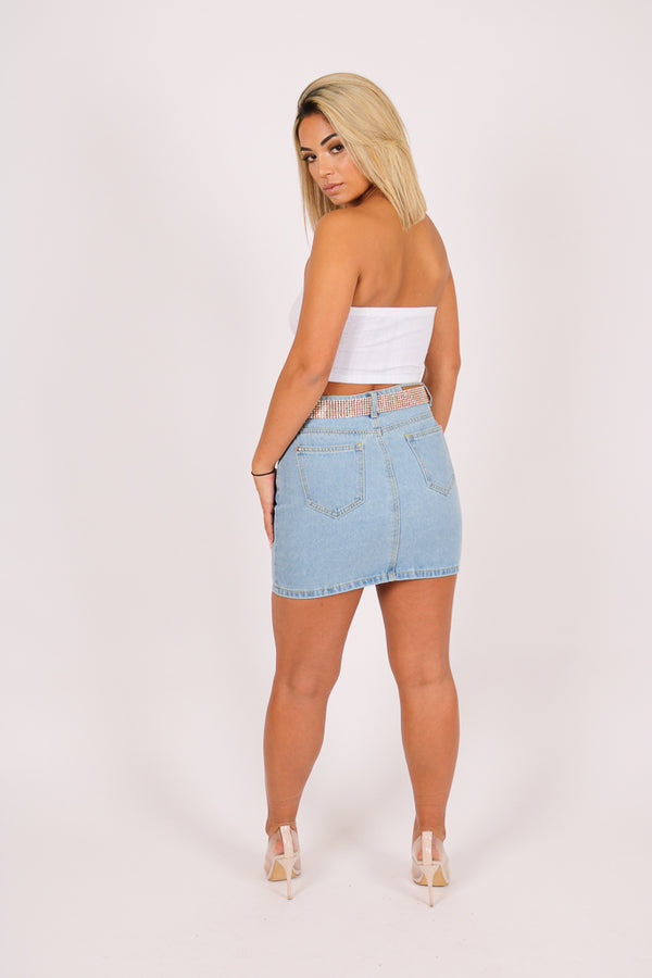Liquor & Poker Glitzy Denim Mini Skirt With Diamante Belt