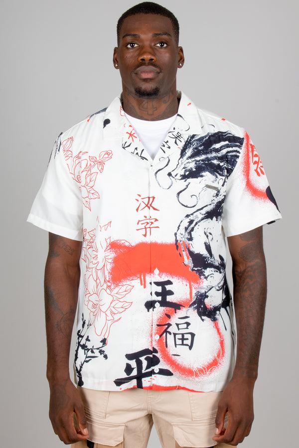 Liquor & Poker Graffiti Dragon Print Short Sleeve Shirt In White