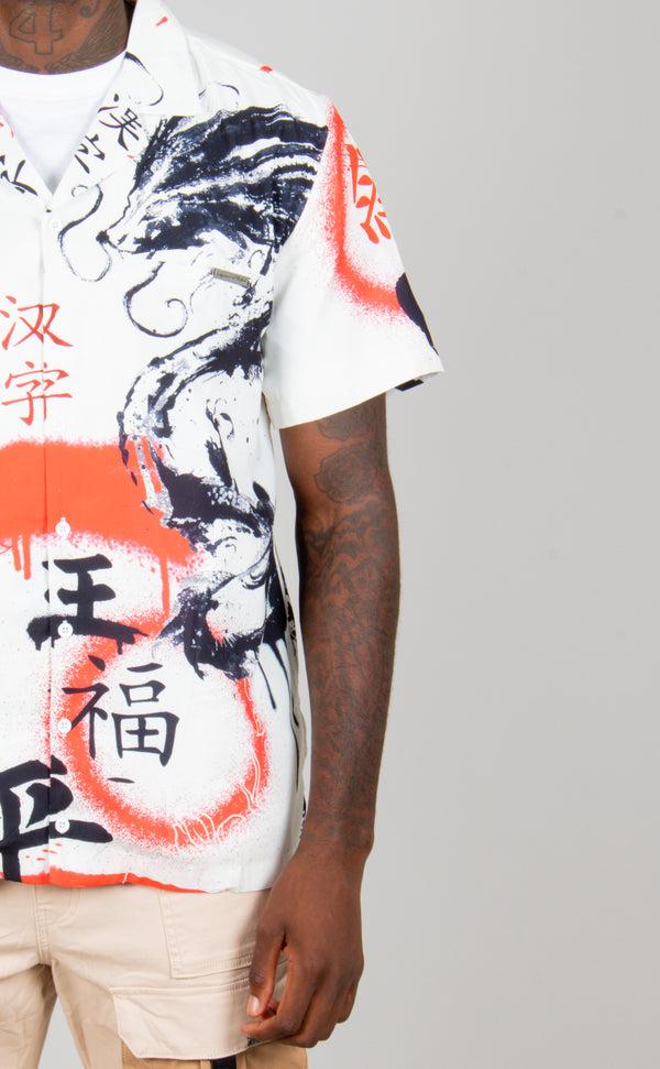 Liquor & Poker Graffiti Dragon Print Short Sleeve Shirt In White