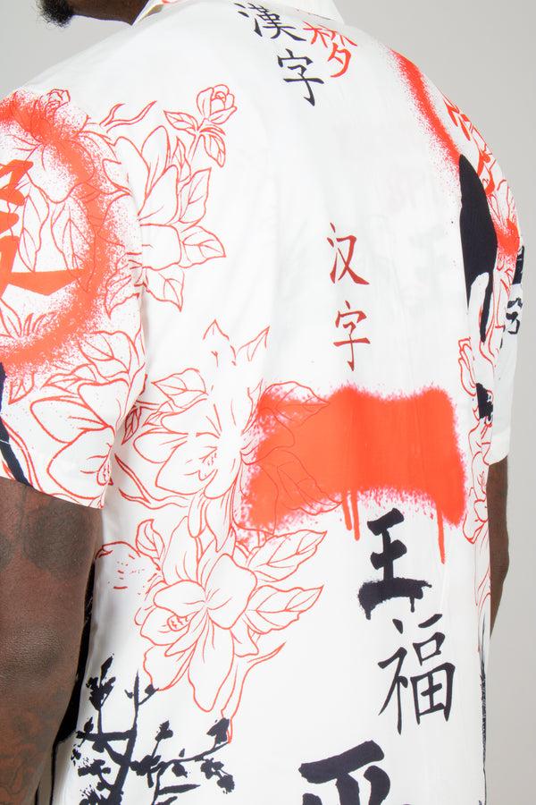 Liquor & Poker Graffiti Dragon Print Short Sleeve Shirt In White