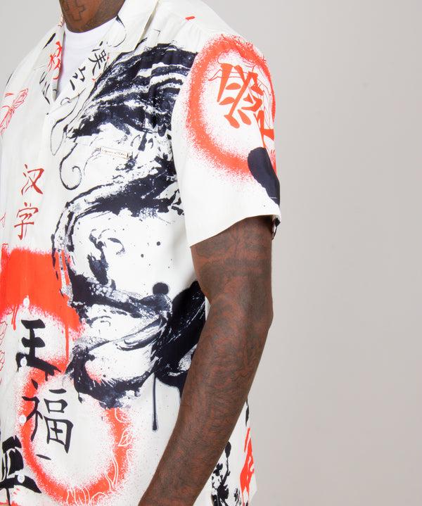 liquor & poker Graffiti Dragon Print Short Sleeve Shirt In White