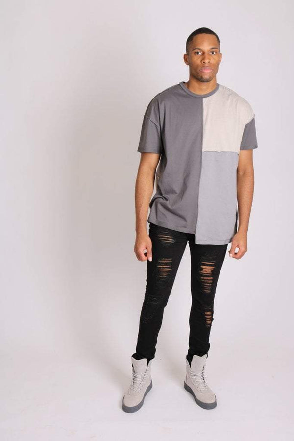 Liquor & Poker Grey Contrast Patchwork Oversized T-Shirt