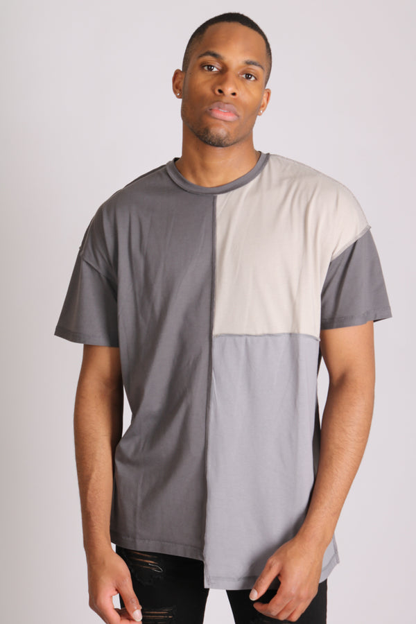 liquor & poker Grey Contrast Patchwork Oversized T-Shirt