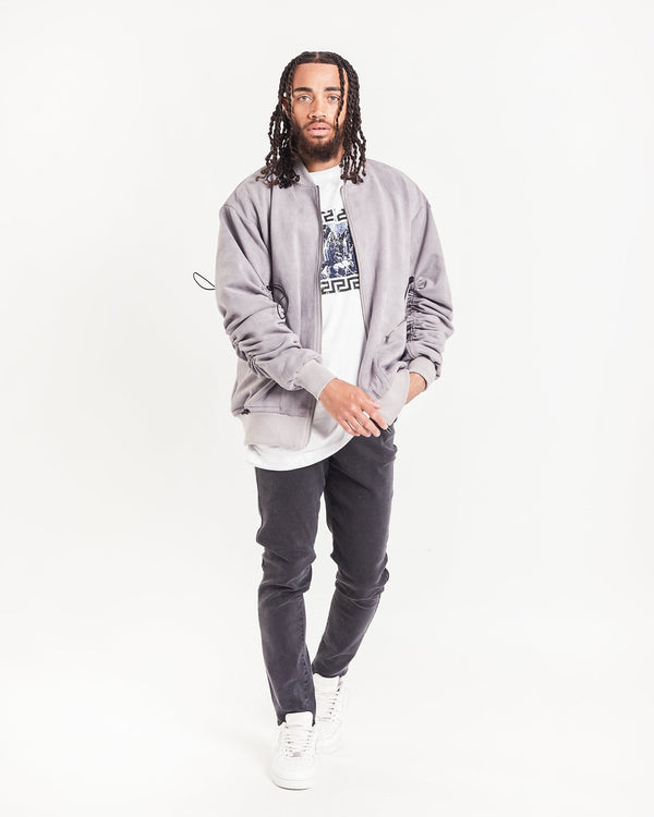 liquor & poker Grey Suede Rouched Sleeves Bomber Jacket