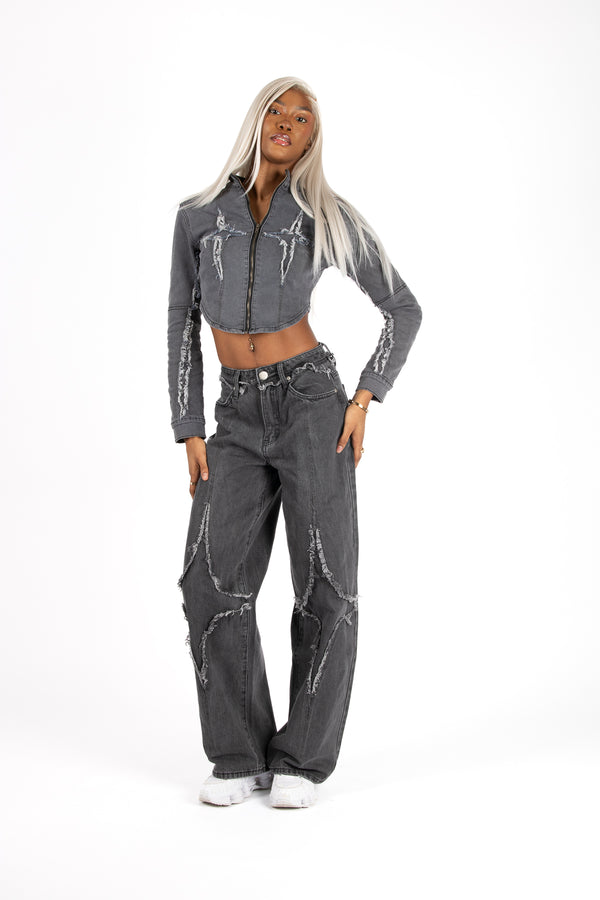 Liquor & Poker Grey Wash Rapture Rip & Repair Baggy Fit Jeans