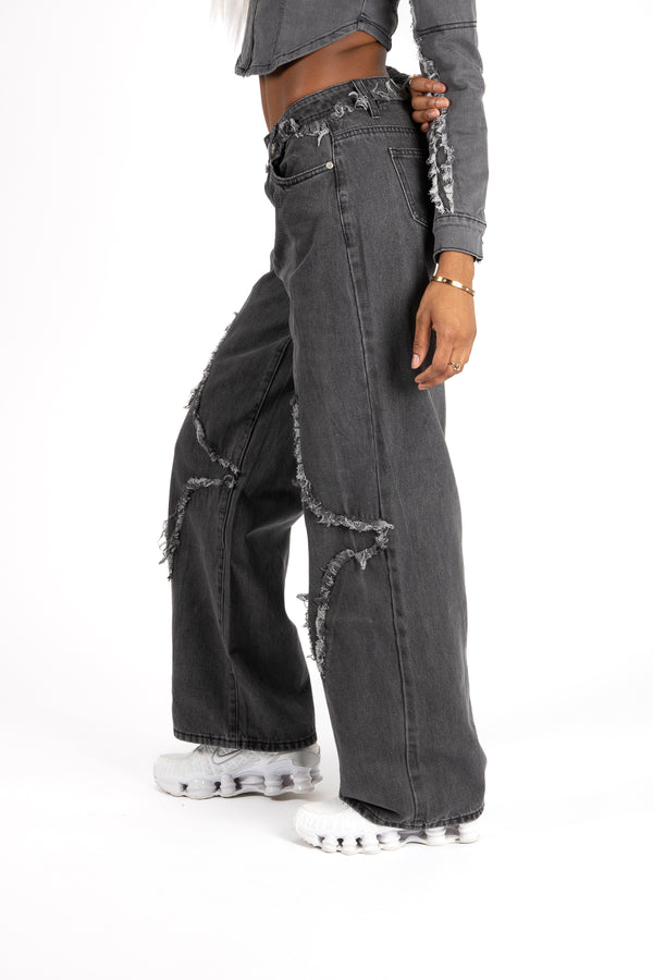 liquor & poker Grey Wash Rapture Rip & Repair Baggy Fit Jeans