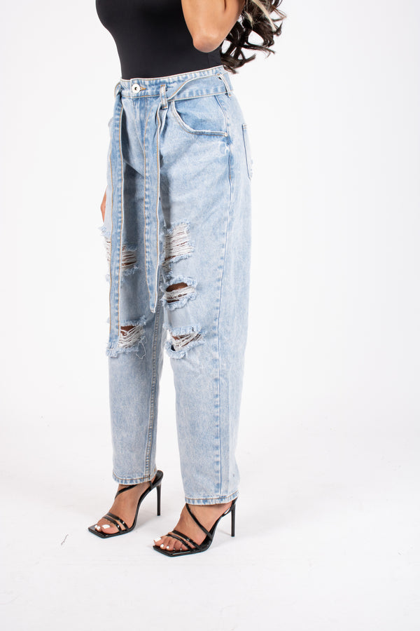 Liquor & Poker High-Rise Distressed Stonewash Belted Mom Jeans