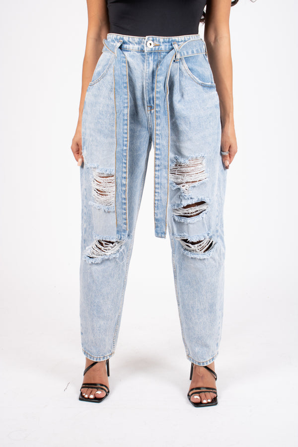 Liquor & Poker High-Rise Distressed Stonewash Belted Mom Jeans
