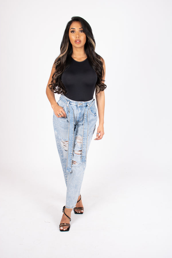 liquor & poker High-Rise Distressed Stonewash Belted Mom Jeans