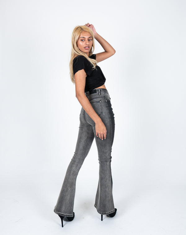 Liquor & Poker High Rise Skinny Two Tone Denim Flare In Washed Black
