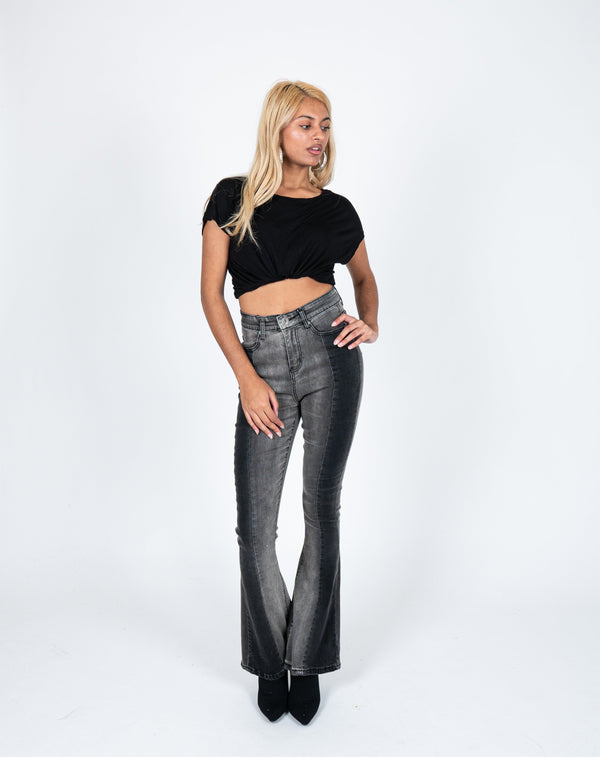 liquor & poker High Rise Skinny Two Tone Denim Flare In Washed Black