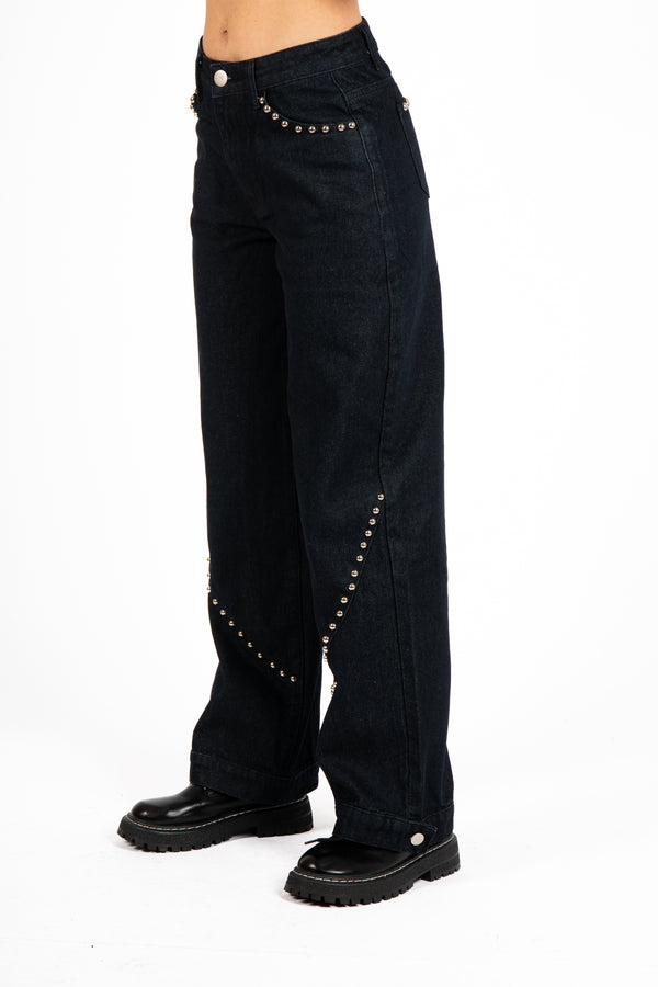 Liquor & Poker Indigo Denim Baggy Jeans With Stud Detail