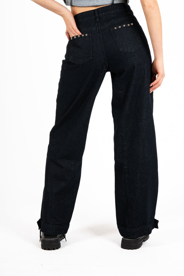Liquor & Poker Indigo Denim Baggy Jeans With Stud Detail