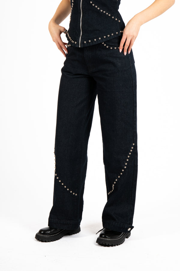 liquor & poker Indigo Denim Baggy Jeans With Stud Detail