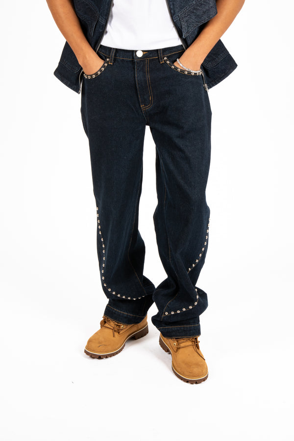 Liquor & Poker Indigo Denim Straight Leg Jean With Stud Detail