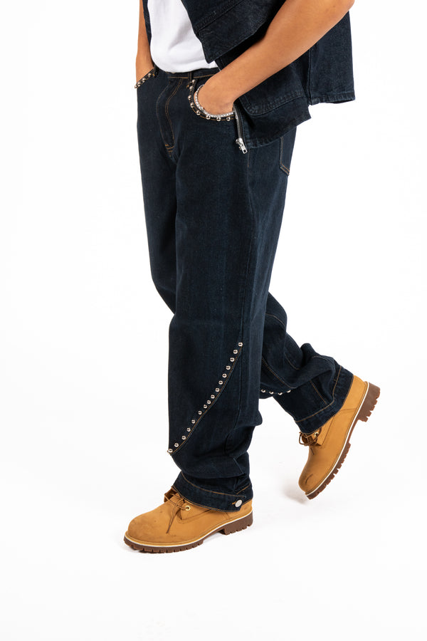 liquor & poker Indigo Denim Straight Leg Jean With Stud Detail