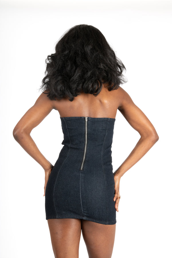 Liquor & Poker Indigo Rhinestone Flame Mini Denim Dress