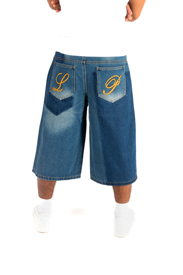 Liquor & Poker Inidigo Blue Patchwork Extra Baggy Denim Jorts