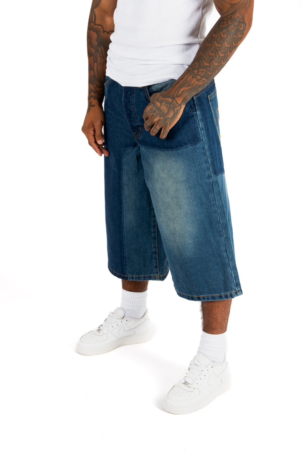 Liquor & Poker Inidigo Blue Patchwork Extra Baggy Denim Jorts