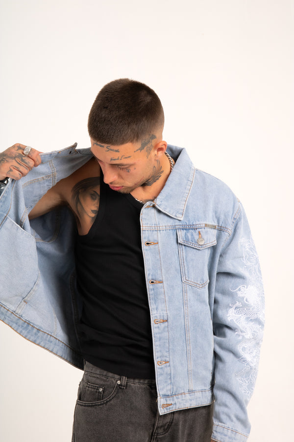 Liquor & Poker Japanese Graffiti Back Patch Oversized Trucker Jacket In Light Wash