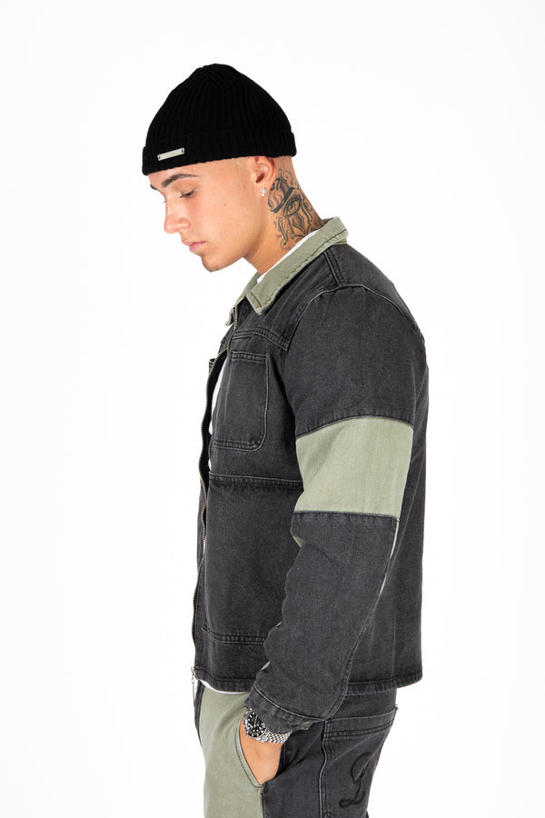 Liquor & Poker Khaki & Black Biker Panelled Denim Jacket