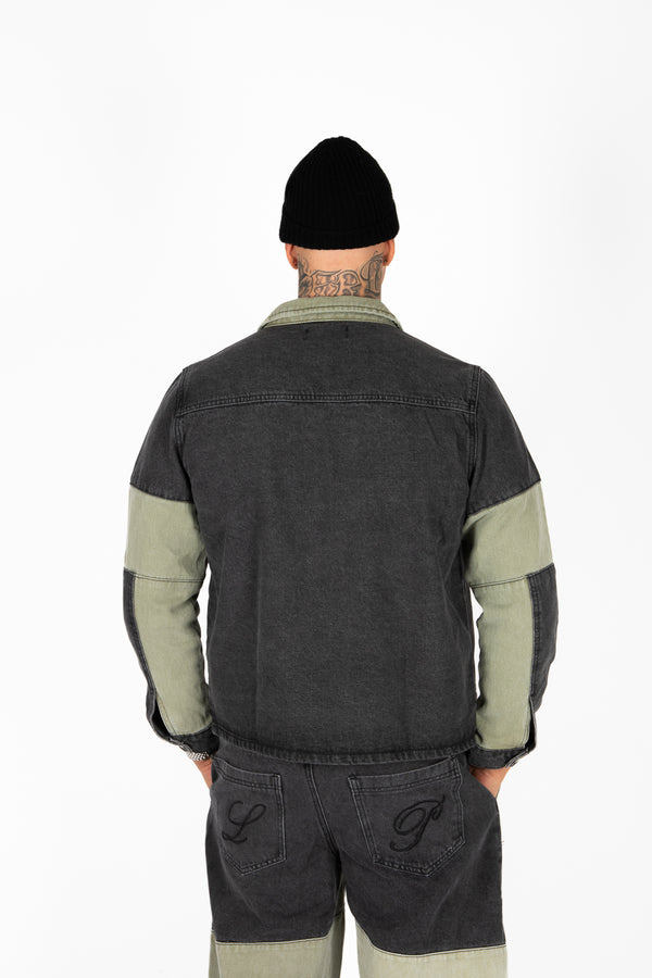 Liquor & Poker Khaki & Black Biker Panelled Denim Jacket