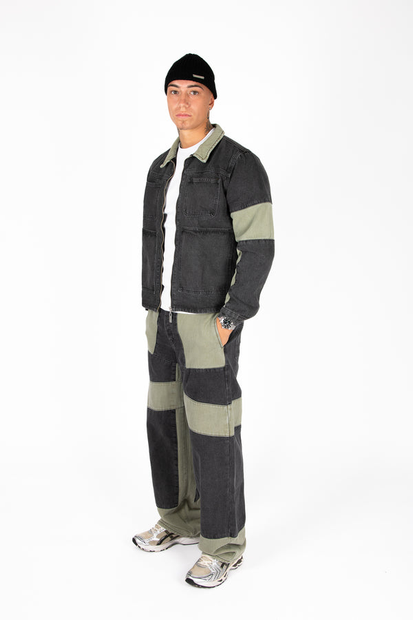 Liquor & Poker Khaki & Black Biker Panelled Denim Jacket