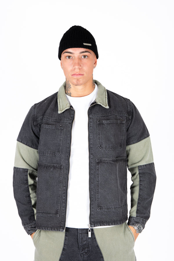 liquor & poker Khaki & Black Biker Panelled Denim Jacket