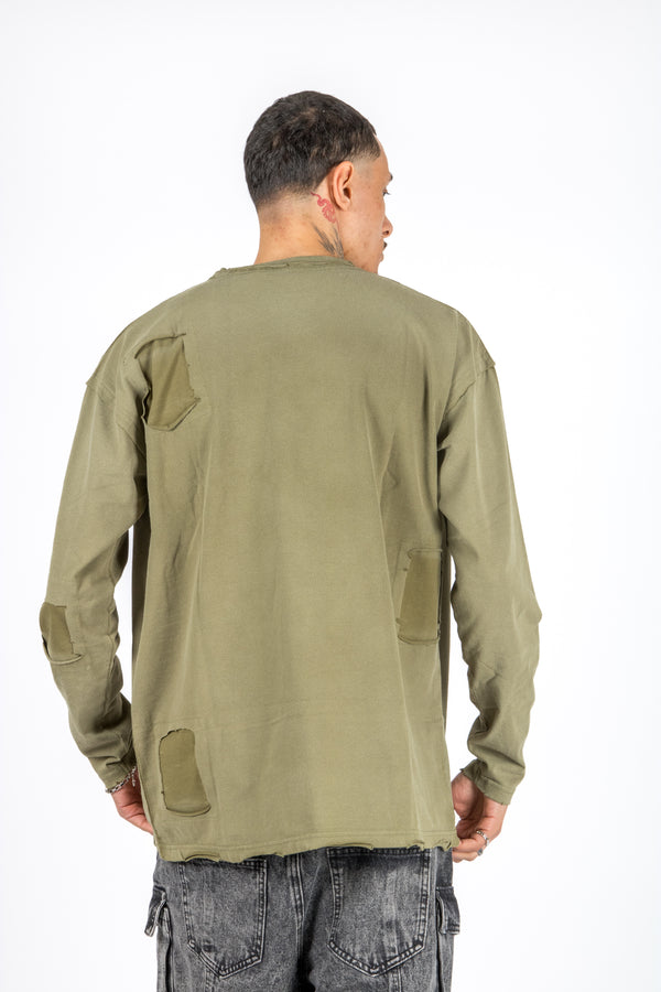 Liquor & Poker Khaki Double Layered Distressed Long Sleeve T-Shirt