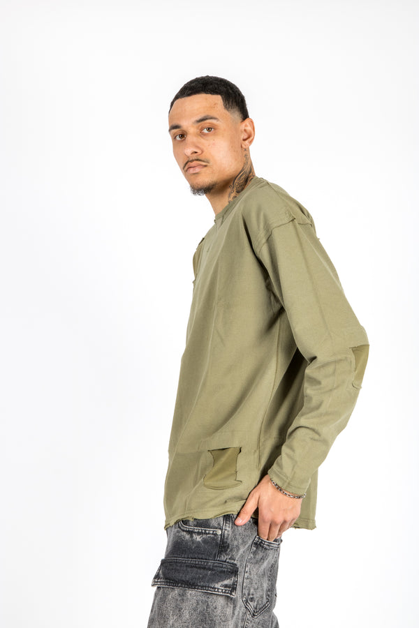 Liquor & Poker Khaki Double Layered Distressed Long Sleeve T-Shirt
