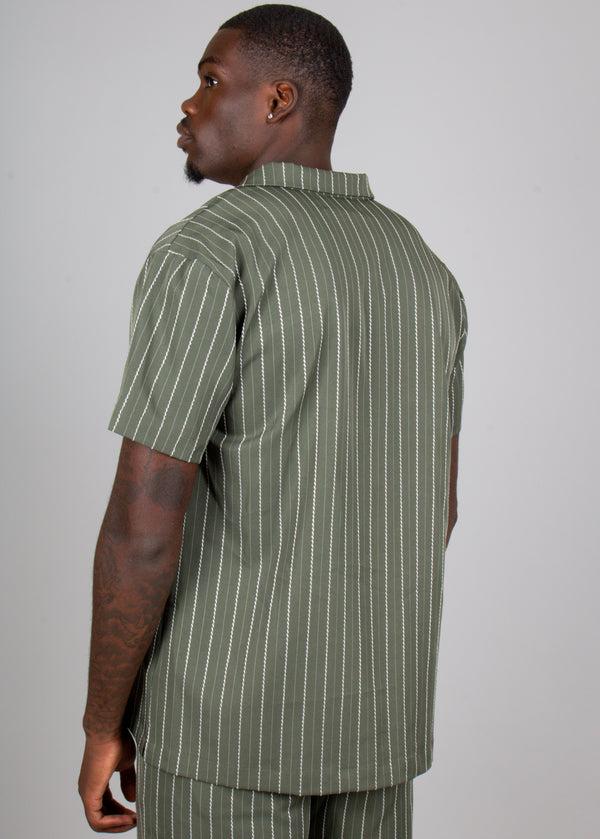 Liquor & Poker Khaki Pinstripe Revere Collar Short Sleeve Shirt
