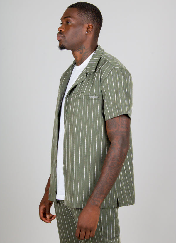Liquor & Poker Khaki Pinstripe Revere Collar Short Sleeve Shirt