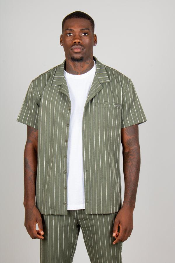 Liquor & Poker Khaki Pinstripe Revere Collar Short Sleeve Shirt