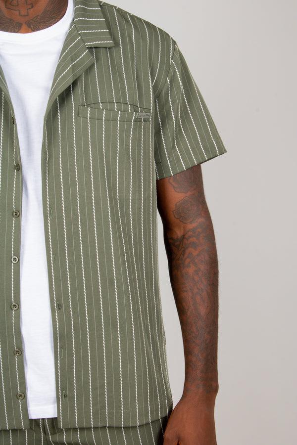 liquor & poker Khaki Pinstripe Revere Collar Short Sleeve Shirt