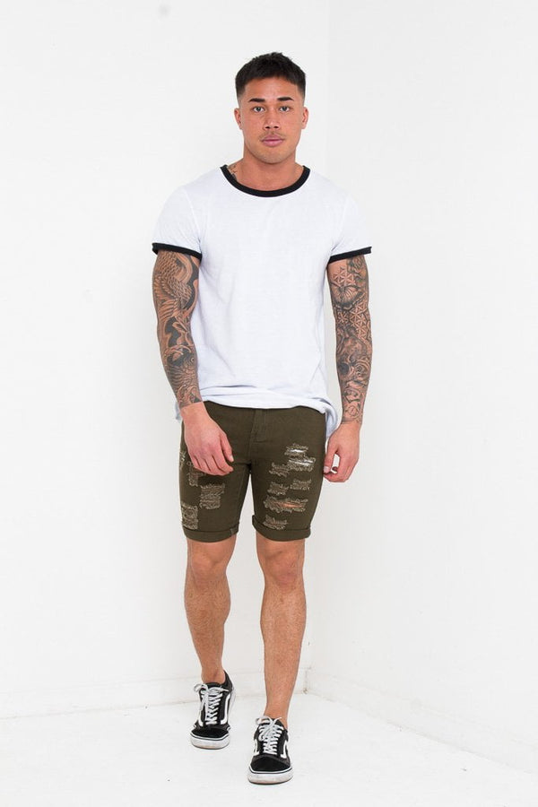 Liquor & Poker Khaki Ripped Skinny Stretch Denim Shorts