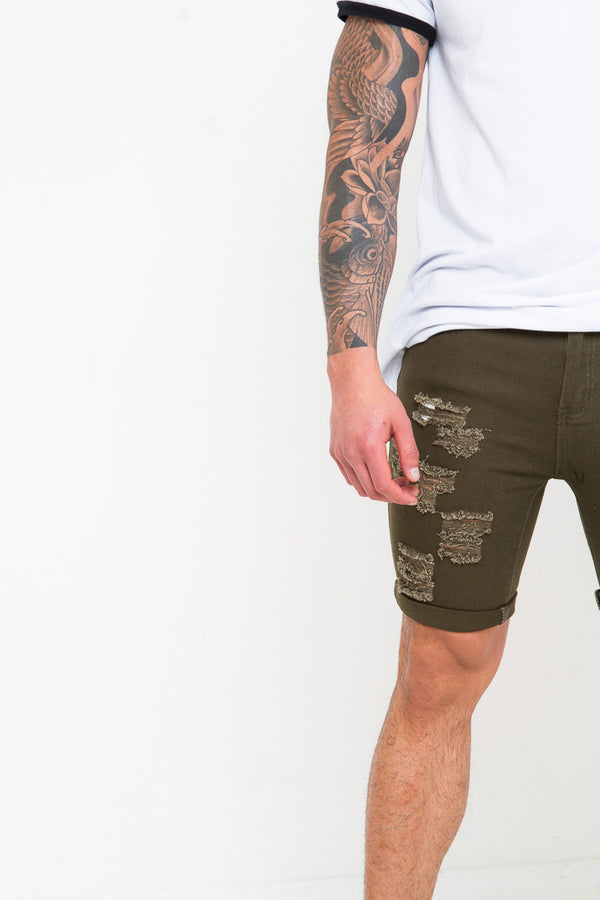 Liquor & Poker Khaki Ripped Skinny Stretch Denim Shorts